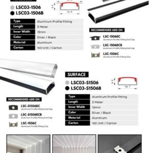 1506 Surface/Recessed Aluminium Profile LED Strip Casing Diffuser Cover Housing 3Meter (Black / Silver)
