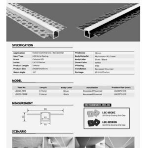 1513 Recessed Aluminium Profile LED Strip Casing Diffuser Cover Housing 3Meter (Black / Silver)