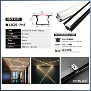 1714 Recessed Aluminium Profile LED Strip Casing Diffuser Cover Housing 3Meter (Black / Silver)