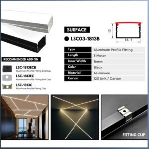 1813 Surface Aluminium Profile LED Strip Casing Diffuser Cover Housing 3Meter (Black / Silver)