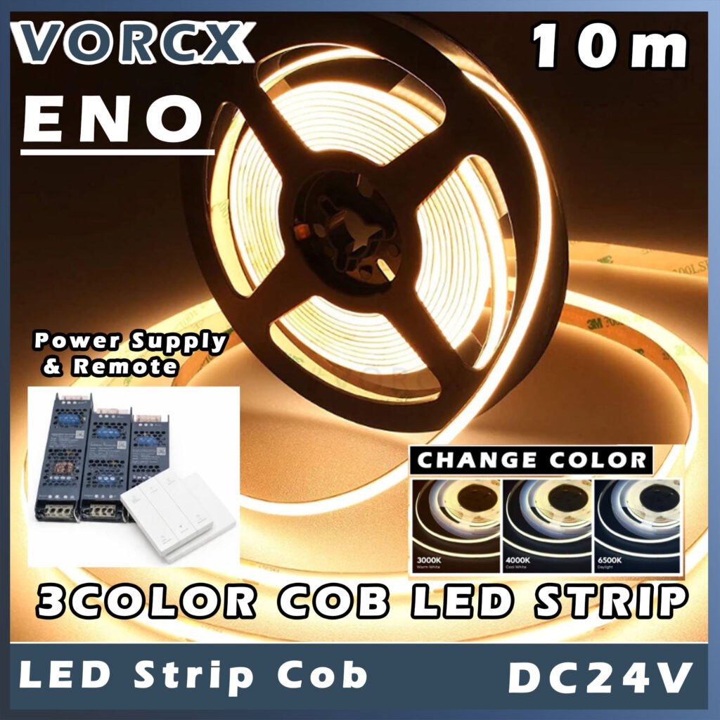 ENO 8mm 24V 10M 3Color Cob LED Strip 480D Cri<95 12W/m
