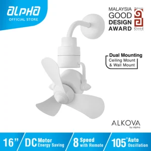 ALPHA Alkova KONA 3B DC Motor - Ceiling & Wall Fan with 3 Blades 8 Speed Remote (16")