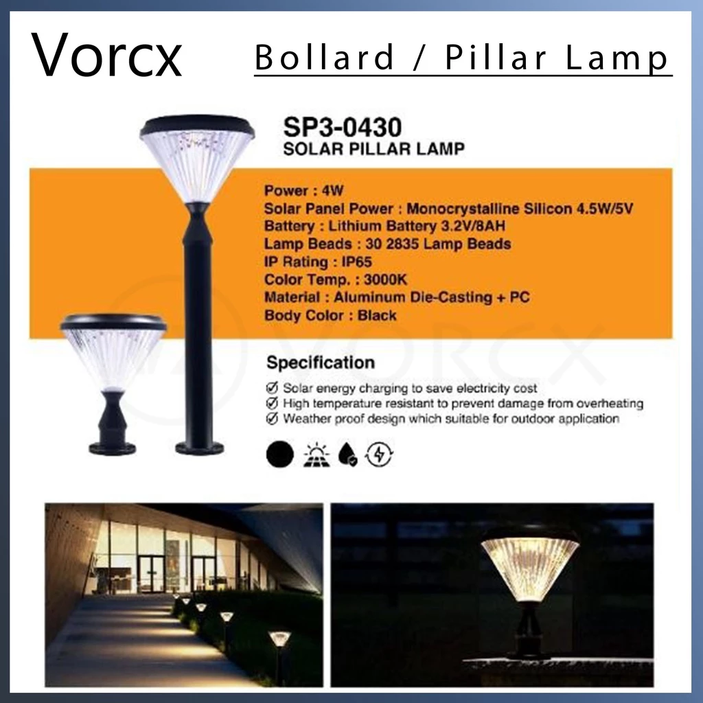 LH SP3 4W LED 3000K Solar Powered Bollard / Pillar Lamp Outdoor Weatherproof