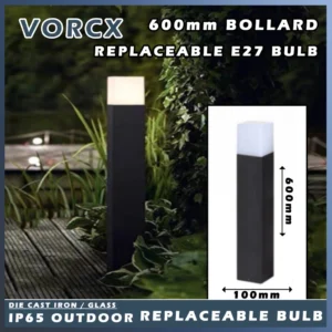S1770 LED Outdoor 600mm Bollard E27 Holder Replaceable Bulb IP65 Die Cast Glass