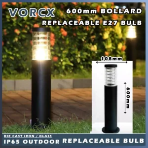 S1702 LED Outdoor 600mm Bollard E27 Holder Replaceable Bulb IP65 Die Cast Glass