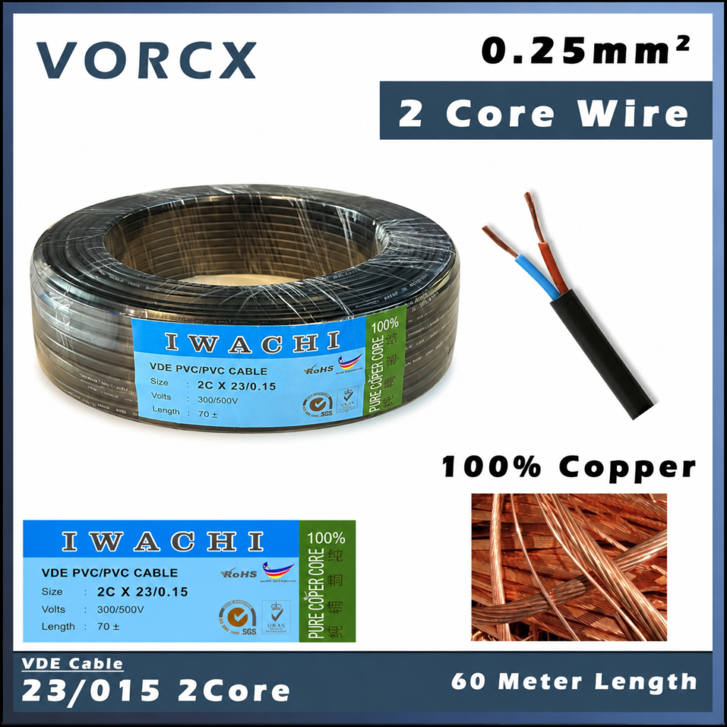 IWACHI VDE Full Copper 2 Core 23/0.15 Cable 60m Black