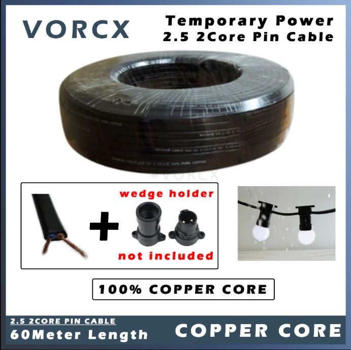 MC Copper 2 Core 2.5mm Temporary Power Pin Cable 60m for Wedge Holder Lampu Pasar Malam