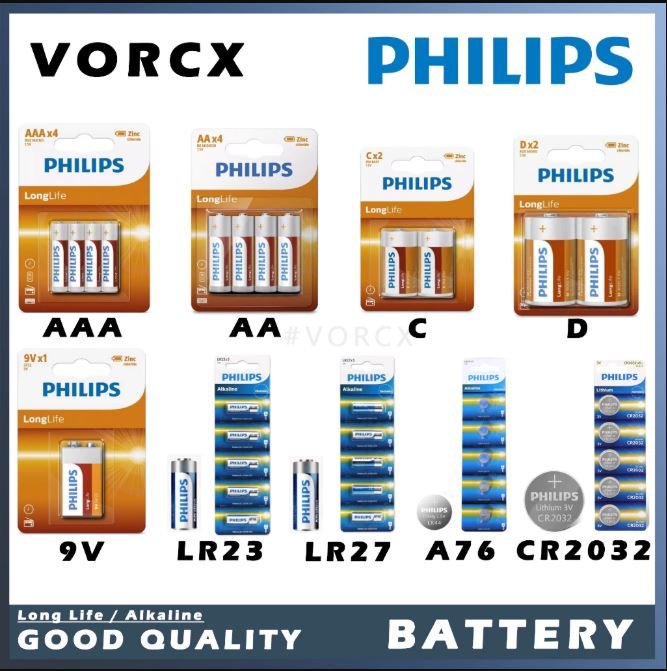 Philips Battery ( AAA / AA / C / D / 9V / LR23 / LR27 / A76 / CR2016 / CR2025 / CR2032 ) Zinc Chloride Lithium Alkaline