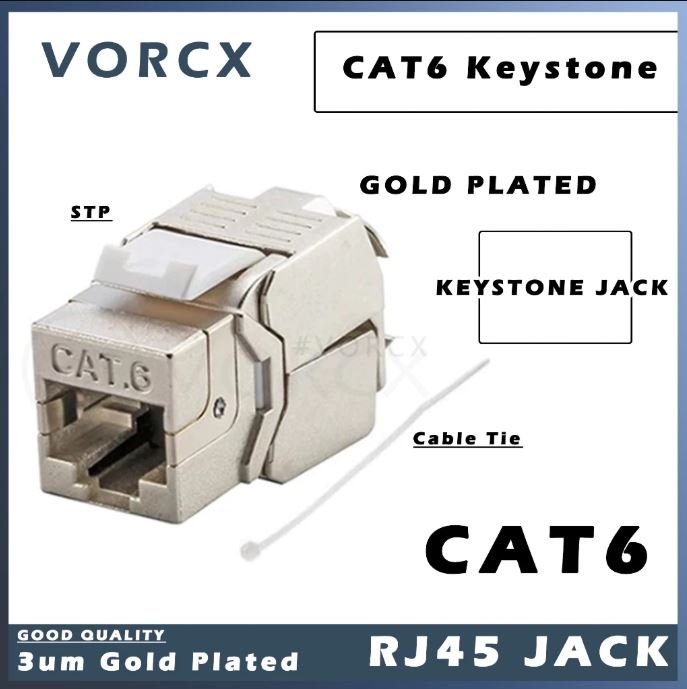 KJ3 Tool-less Cat6 STP Keystone Jack with Cable Tie Gold Plated 3u Dual IDC