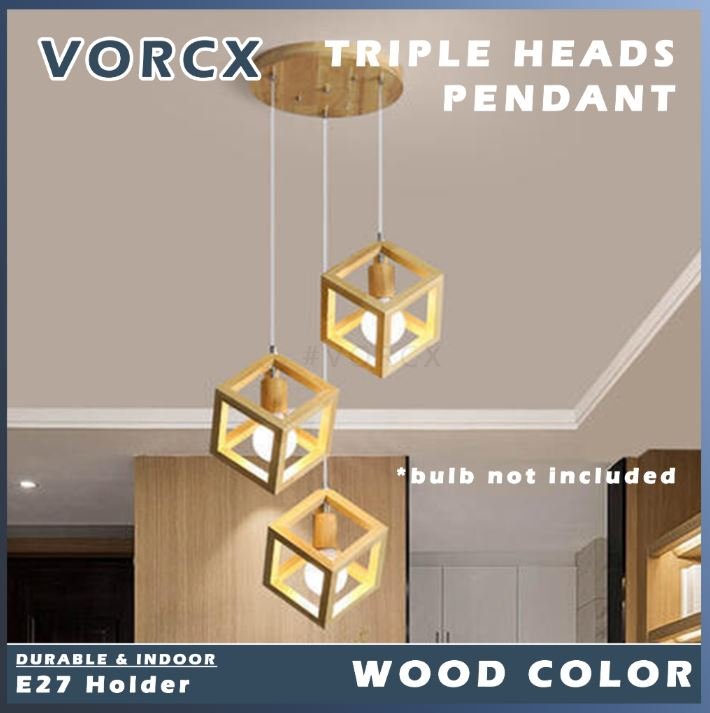 CM 8260/3 Natural Wood Color Triple Head Pendant Light E27 Fitting Bulb Excluded