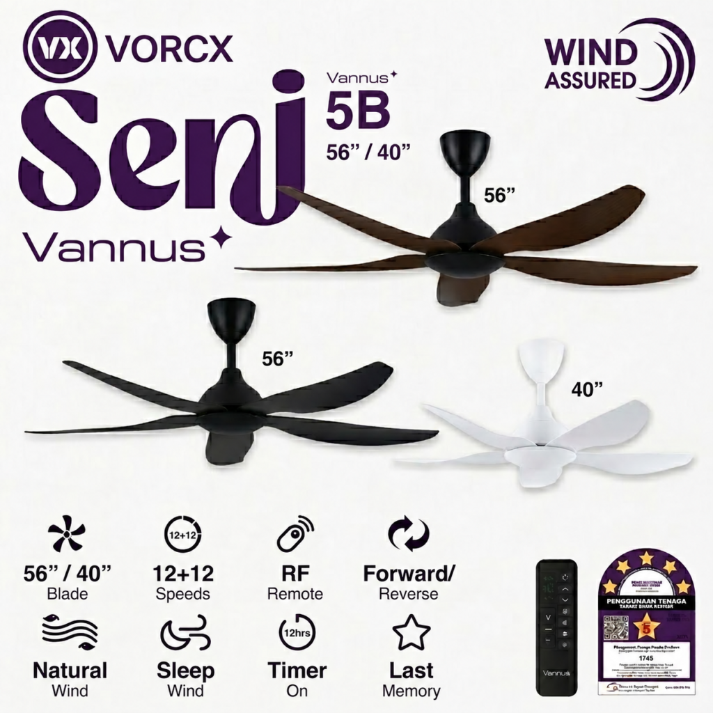 ALPHA Vannus SENI 5B DC Motor Ceiling Fan with 5 Blades 12 Speed Remote (40“/ 56")