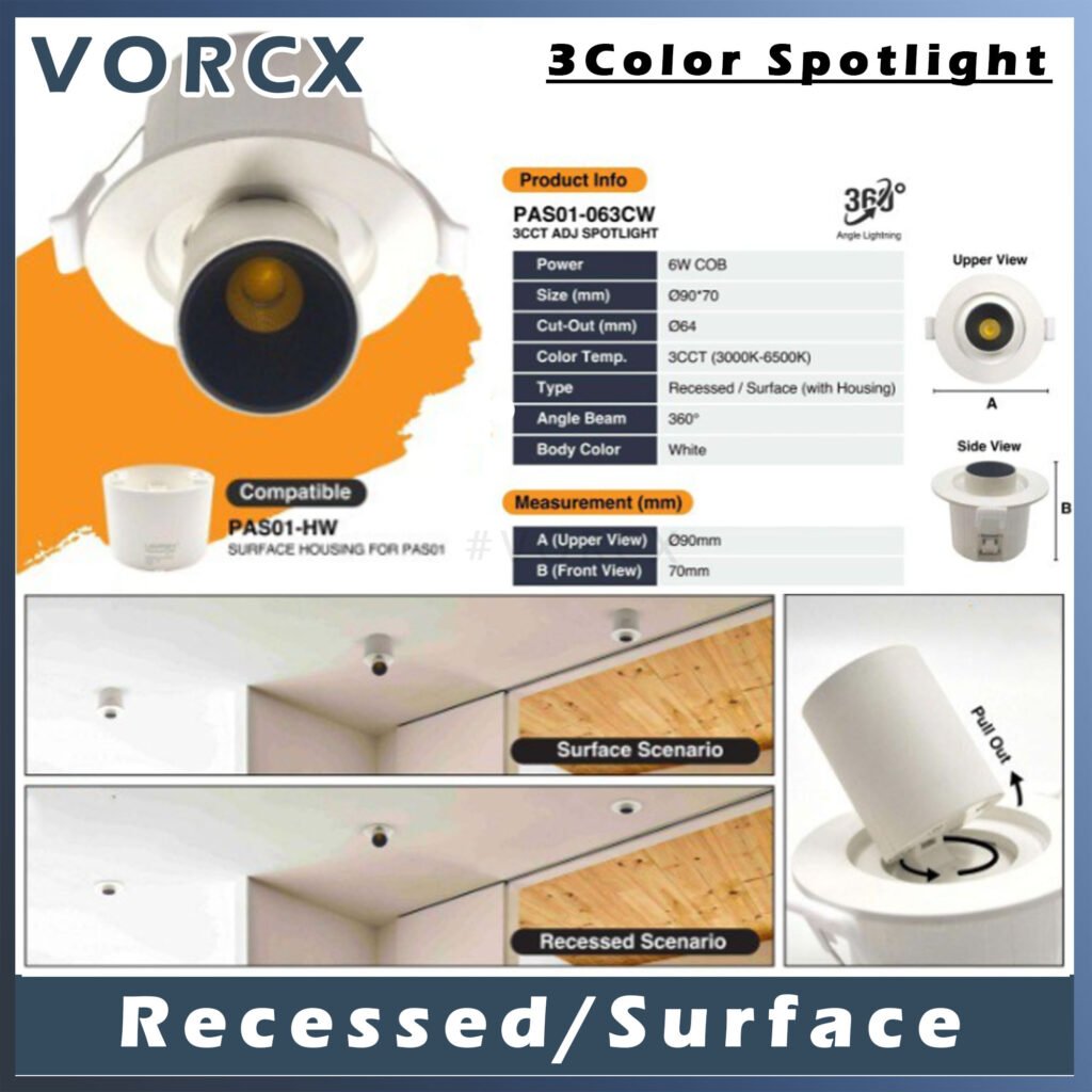 LH PAS01 3Color 6W COB LED Spotlight Surface/Recessed